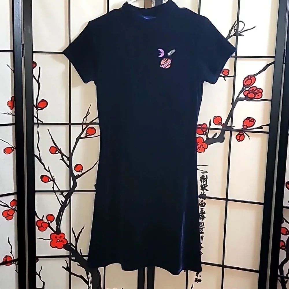 Lazy Oaf Midnight Planet Dress Size Medium Blue Velvet Celestial Moon